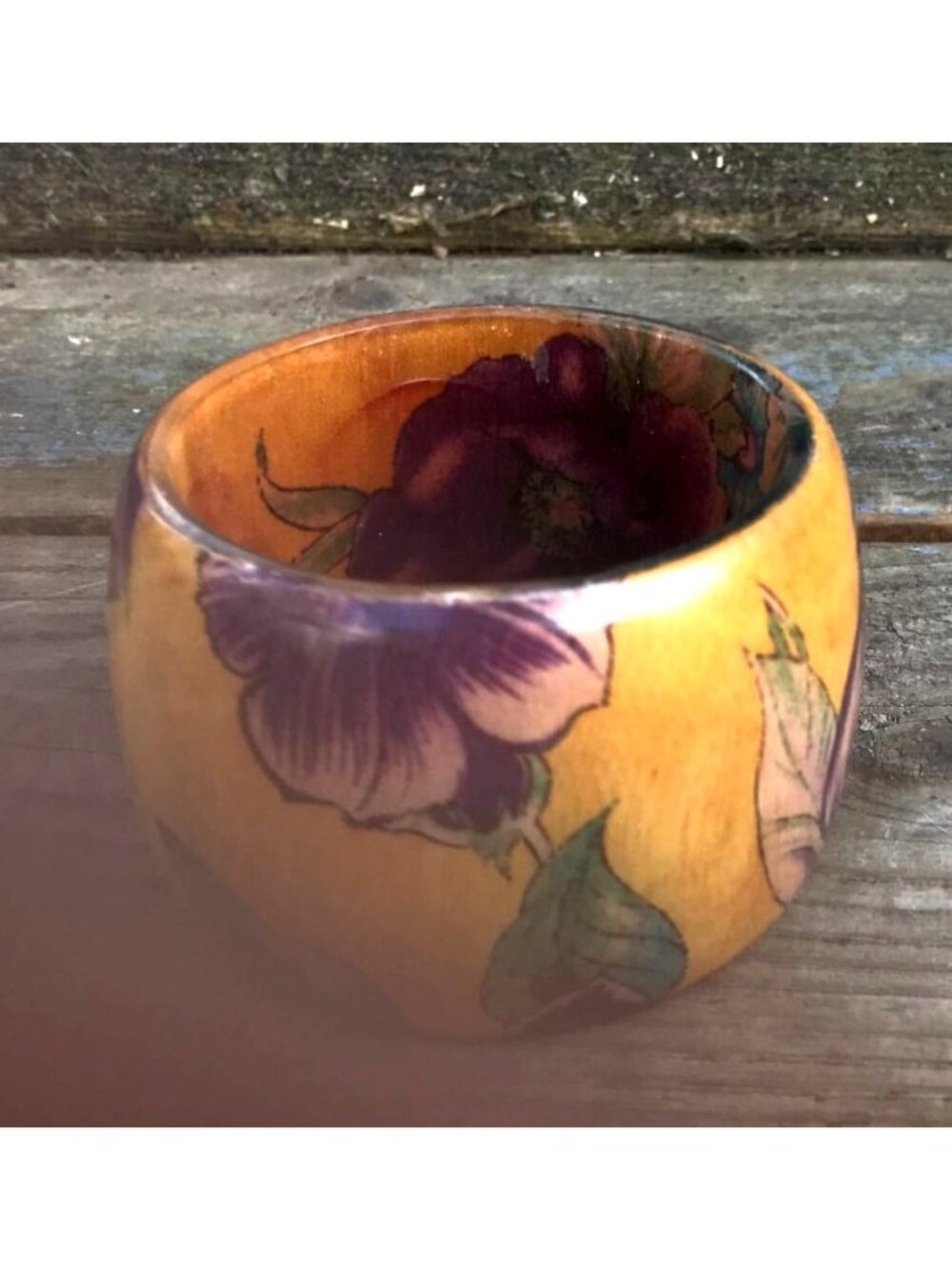 Wide 1970s Runway Lucite Bangle Bracelet Wood Grain and Floral Print Multicolor - Picture 4 of 7